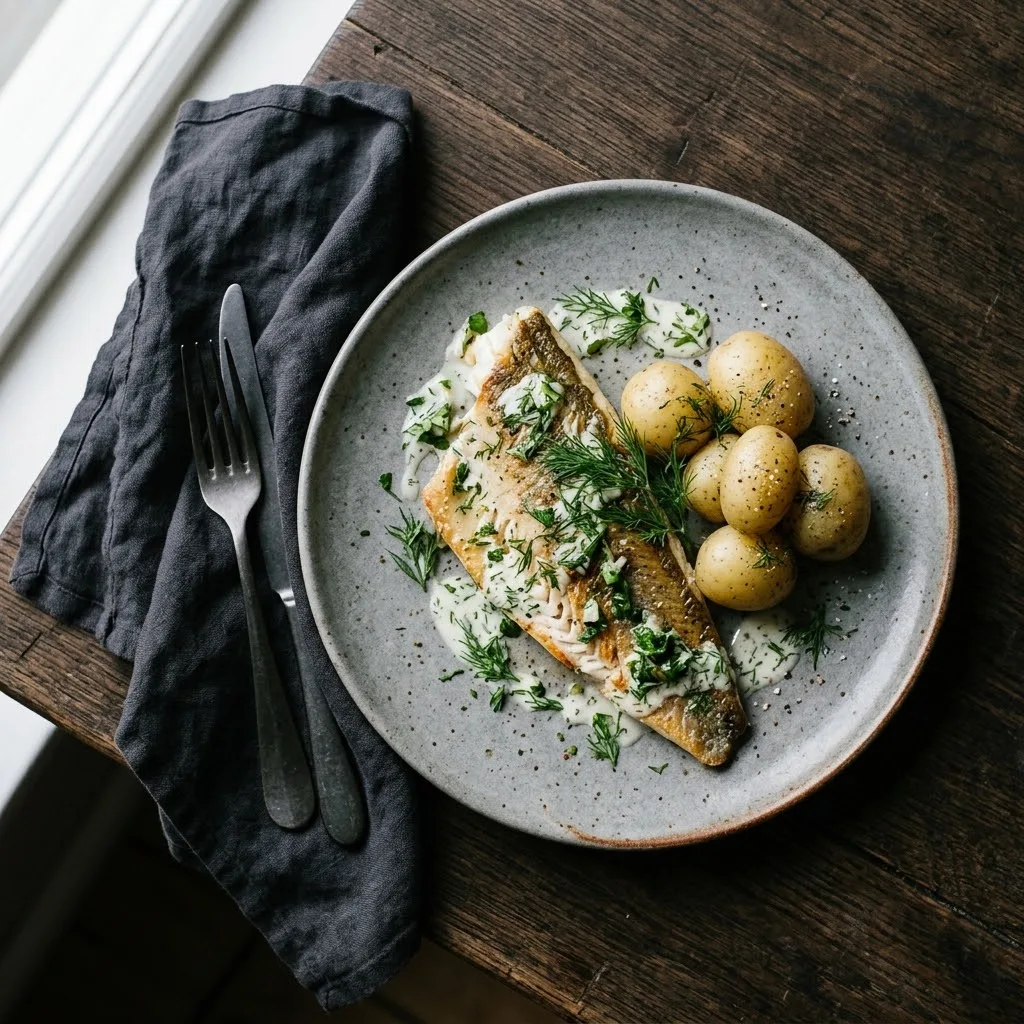 Artist's impression of a dish of lake trout with dill and potatoes