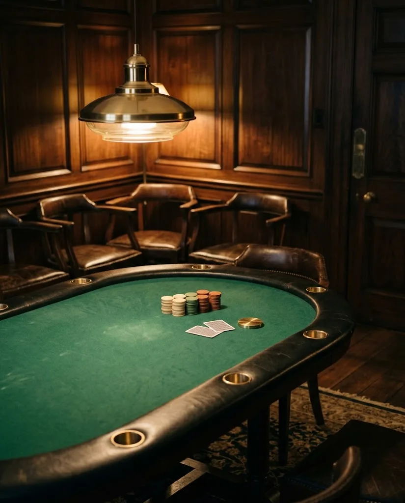 Artist's impression of an empty poker table with green baize under a low lamp