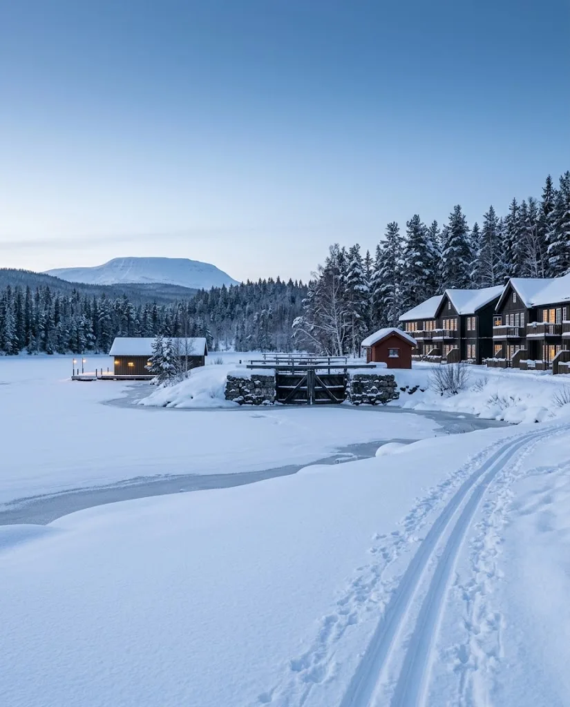Artist's impression of the planned resort in winter snow, with warm windows and a ski track leading away from the door