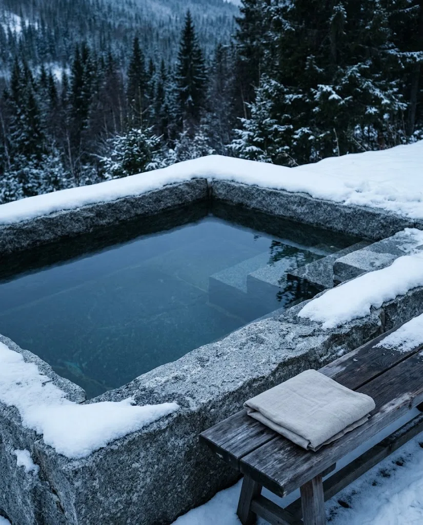 Artist's impression of an outdoor cold pool in stone, edged with snow
