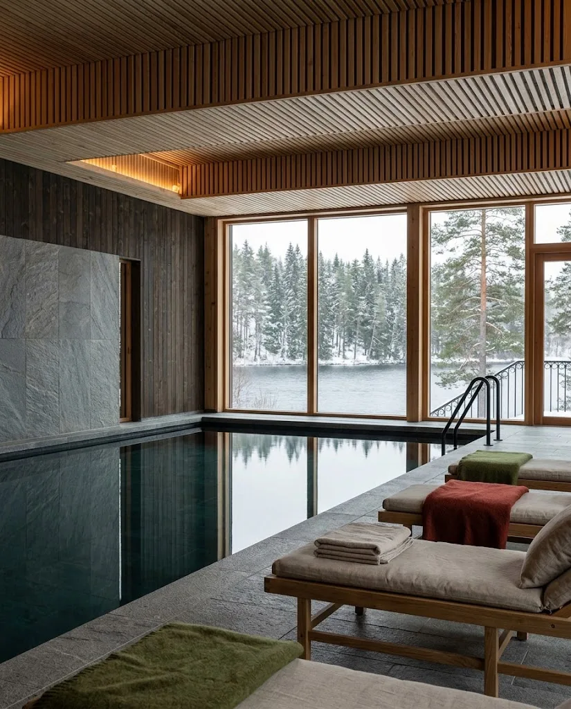 Artist's impression of the indoor pool in timber and stone, with a window onto the forest